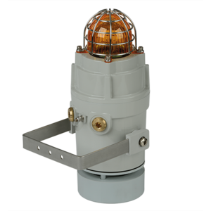 The E2S D1xC1X10R 110dB(A) Radial Alarm & 10J Strobe features an orange dome, metal cage, and mounting bracket, suitable for multi-beacon systems or use as a UL464-compliant alarm sounder. Shown on a plain white background.
