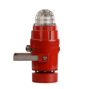 E2S D1xC2X05R 114dB(A) Radial Alarm & 5J Strobe with a red industrial warning light, transparent dome cover, and metallic bracket, suitable for multi-beacon systems, displayed on a plain white background.
