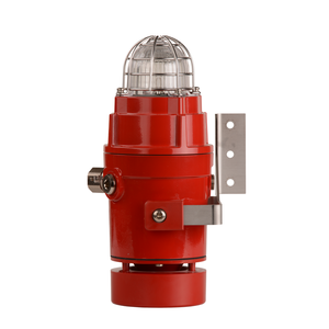 The E2S D1xC2X05R 114dB(A) Radial Alarm & 5J Strobe, a red industrial warning light with clear protective cover, UL464 compliant, is bracket-mounted and ideal for integration into multi-beacon systems.