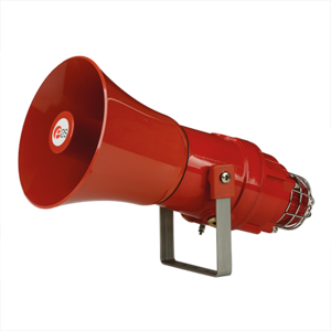The E2S D1xC2X10F 123dB(A) Alarm Horn & 10J Strobe, a red industrial siren on a metal bracket, is displayed against a plain white background.