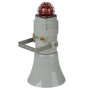 The E2S D1xC2X10F 123dB(A) Alarm Horn & 10J Strobe is a gray unit with a red strobe, metal guard, and mounting bracket—ideal for multi-beacon systems, delivering clear alerts with reliable strobe flash rates.