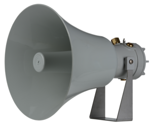 The E2S D1xL2H 126dB(A) 25W Explosion Proof Speaker, featuring a gray marine grade aluminium enclosure, is shown side view on a metal stand against a plain background.