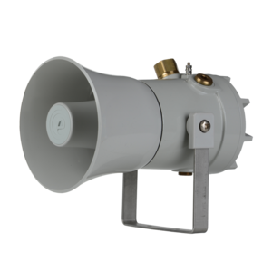 The E2S D1xS1F 115dB(A) Alarm Horn Sounder is a gray industrial loudspeaker, ideal for fire alarms or multi-sounder systems, shown mounted on a metal bracket against a white background.