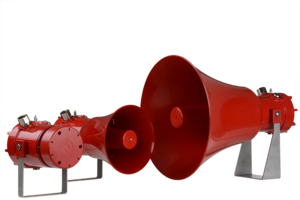 Three E2S D1xS1R 110dB(A) Radial Alarm Horn Sounders in red, each a different size, are displayed on metal stands against a plain white background.