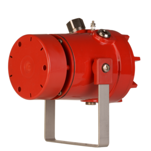 The E2S D1xS1R 110dB(A) Radial Alarm Horn Sounder is mounted on a metal bracket and displayed against a plain white background.