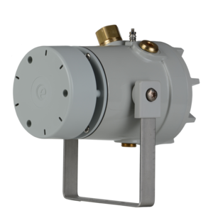 The E2S D1xS1R 110dB(A) Radial Alarm Horn Sounder is a gray industrial sensor with a cylindrical body, screw fittings, and metal bracket, designed for multi-sounder systems and shown isolated on a white background.