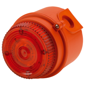 The E2S IS-mB1 IS-minialite is an orange and red industrial warning beacon with a prismatic lens and robust mounting bracket for increased visibility.