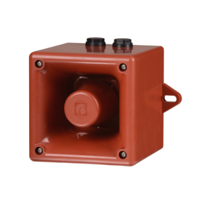 The E2S IS-A105N Alarm Sounder is a red industrial alarm with two cable entry points, a mounting bracket, and input overload protection, shown on a plain white background.
