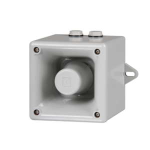 The E2S IS-A105N Alarm Sounder is a gray industrial wall-mounted unit with a square housing, two cable entries on top, and optional input overload protection.