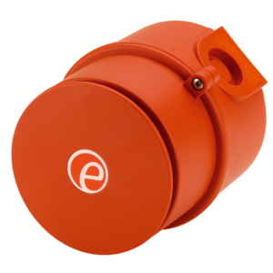 The E2S IS-mA1 IS-minialarm, a red industrial socket outlet with a round cover displaying a white "e" logo and input overload protection, is shown against a plain white background.