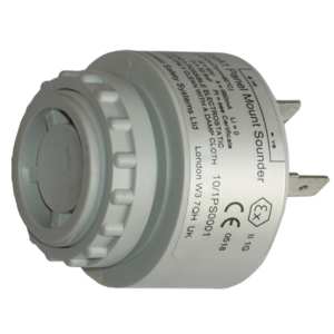 The E2S IS-pA1 Panel Mount Sounder features a cylindrical design, a label with technical specs, side mounting prongs, and built-in reverse current protection for improved device safety.