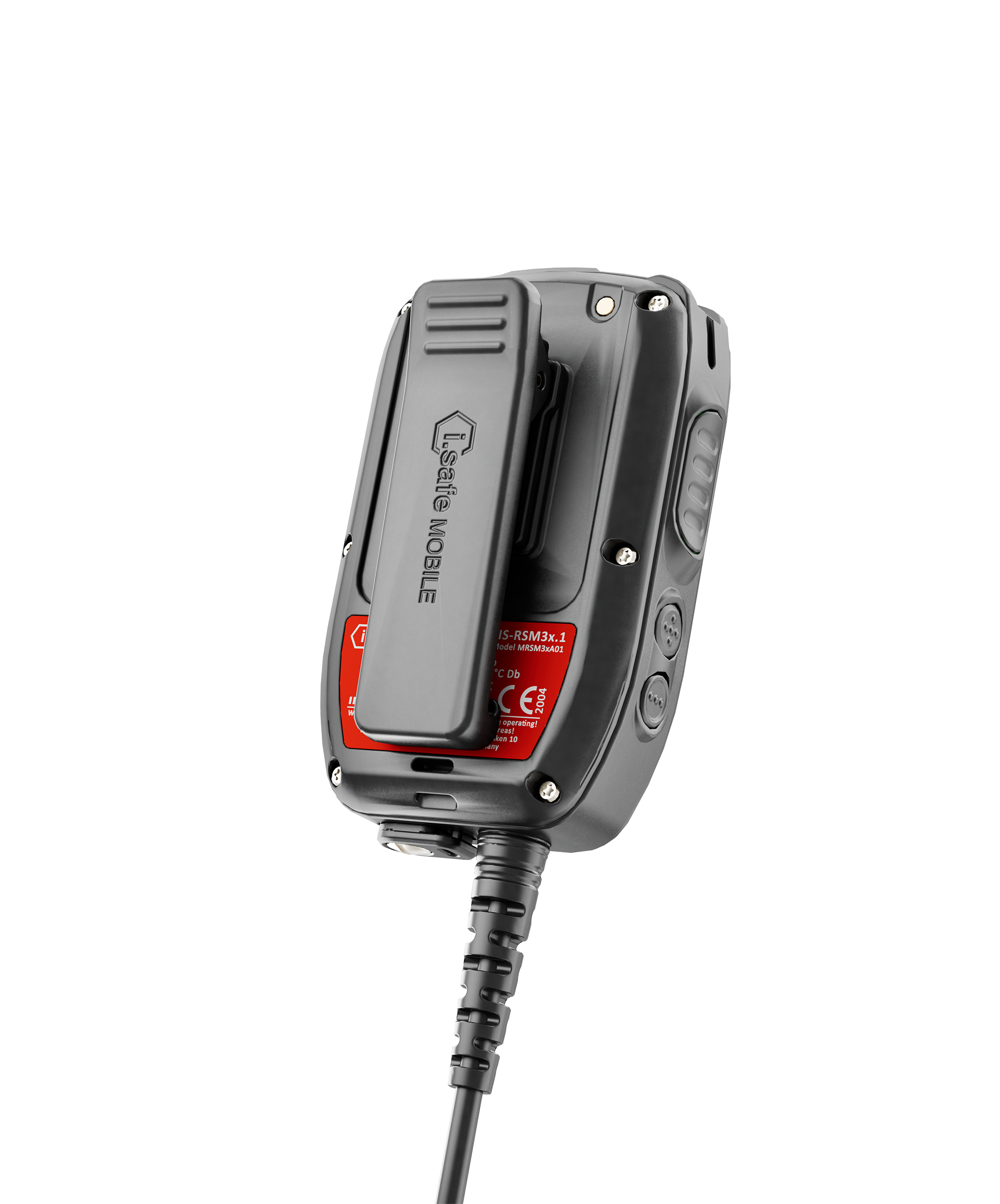 A close-up of the i.safe MOBILE IS-RSM3A.1 Intrinsically Safe (C1/D1) Wired Remote Speaker Microphone in black, featuring a belt clip, attached cable, and audio interface, shown from the back.