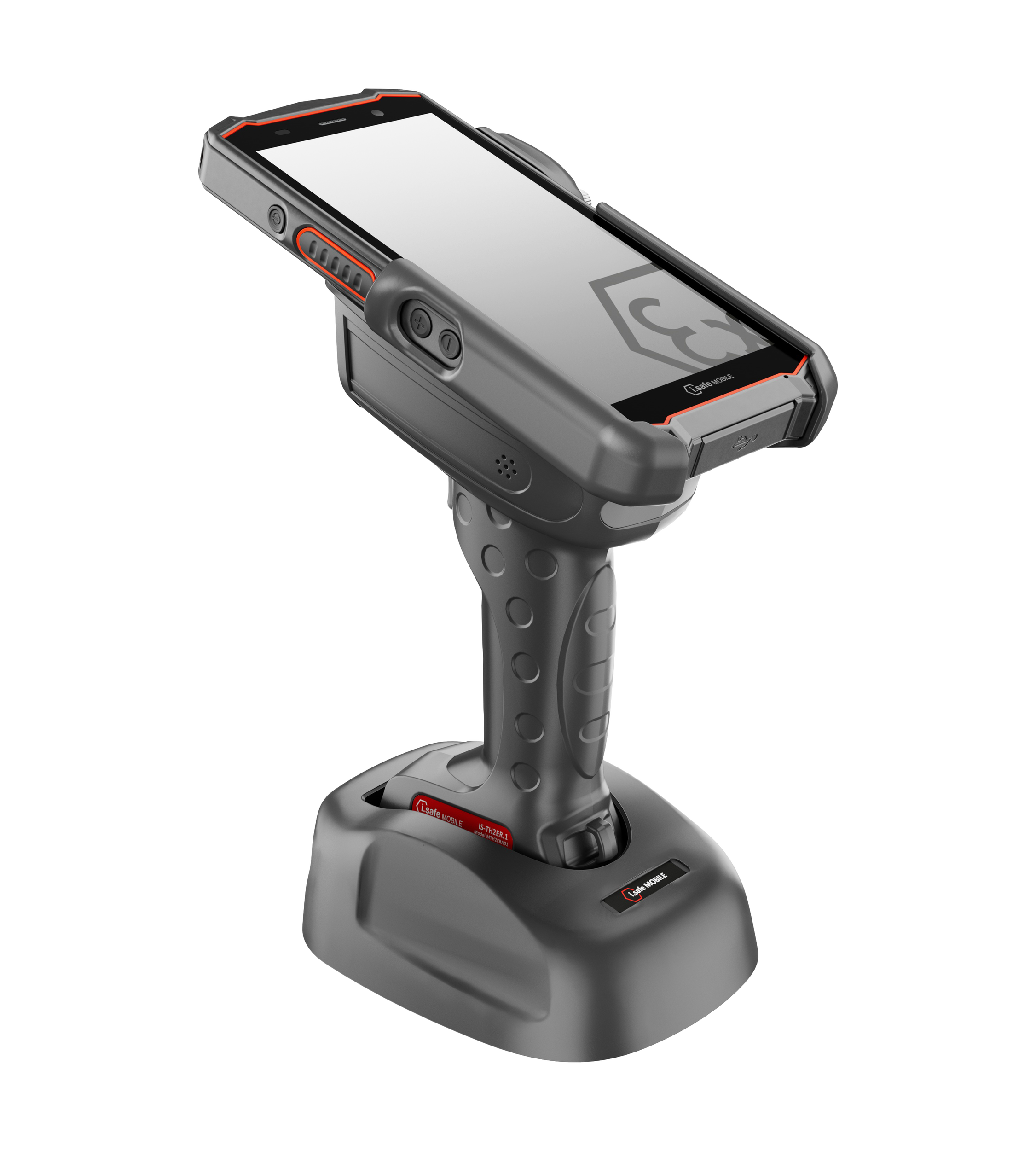 The i.safe MOBILE IS-TH2ER.1 Intrinsically Safe (C1/D1) Barcode Scanner Trigger Handle is shown mounted on a black charging dock against a white background, designed for rapid data acquisition and long-distance barcode scanning.