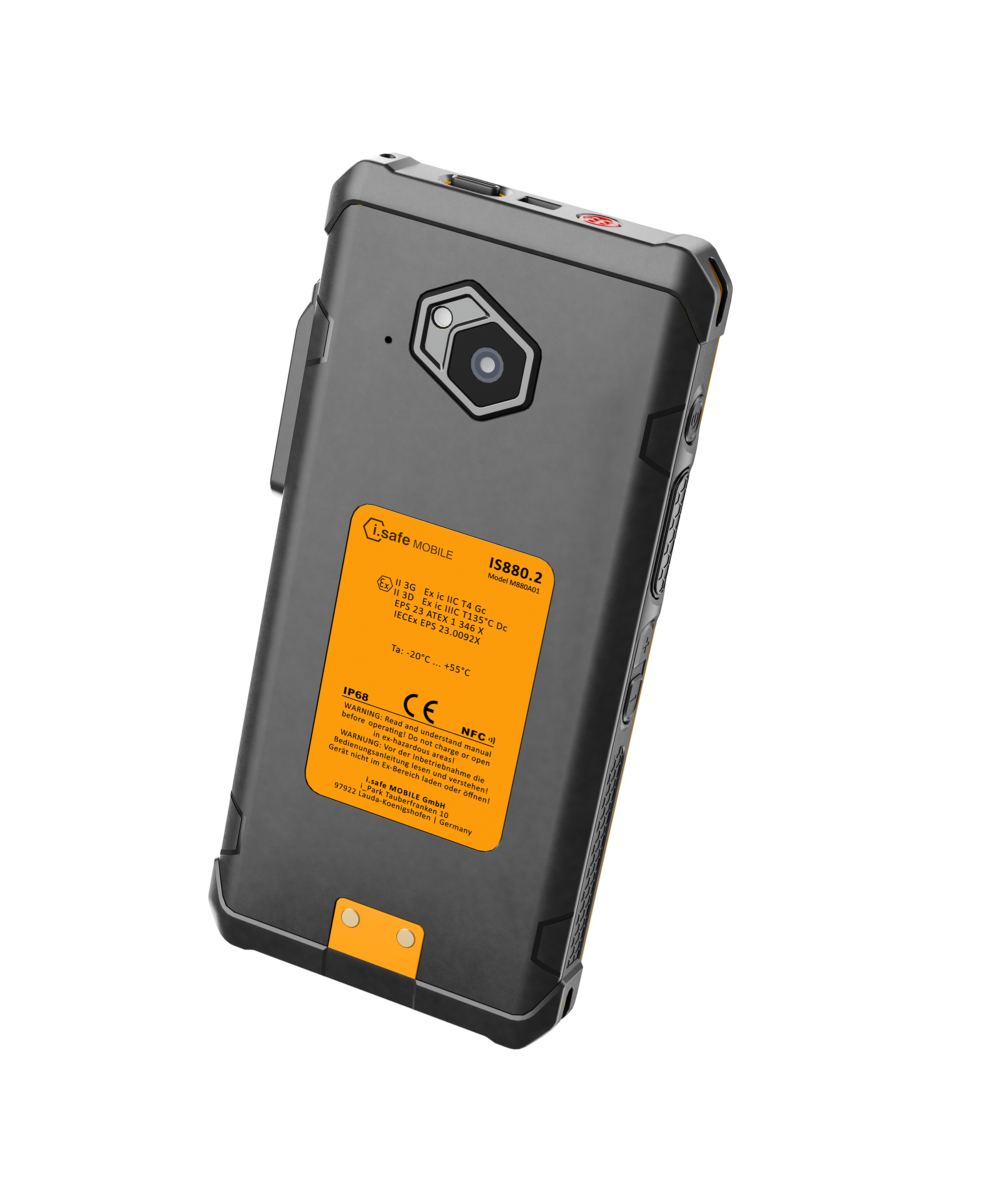 The i.safe MOBILE IS880.2 Lightweight 4G LTE Smartphone—a rugged black handheld device with angular edges, yellow technical info label, camera lens, programmable key, and side buttons—designed for noisy work environments—shown on a white background.
