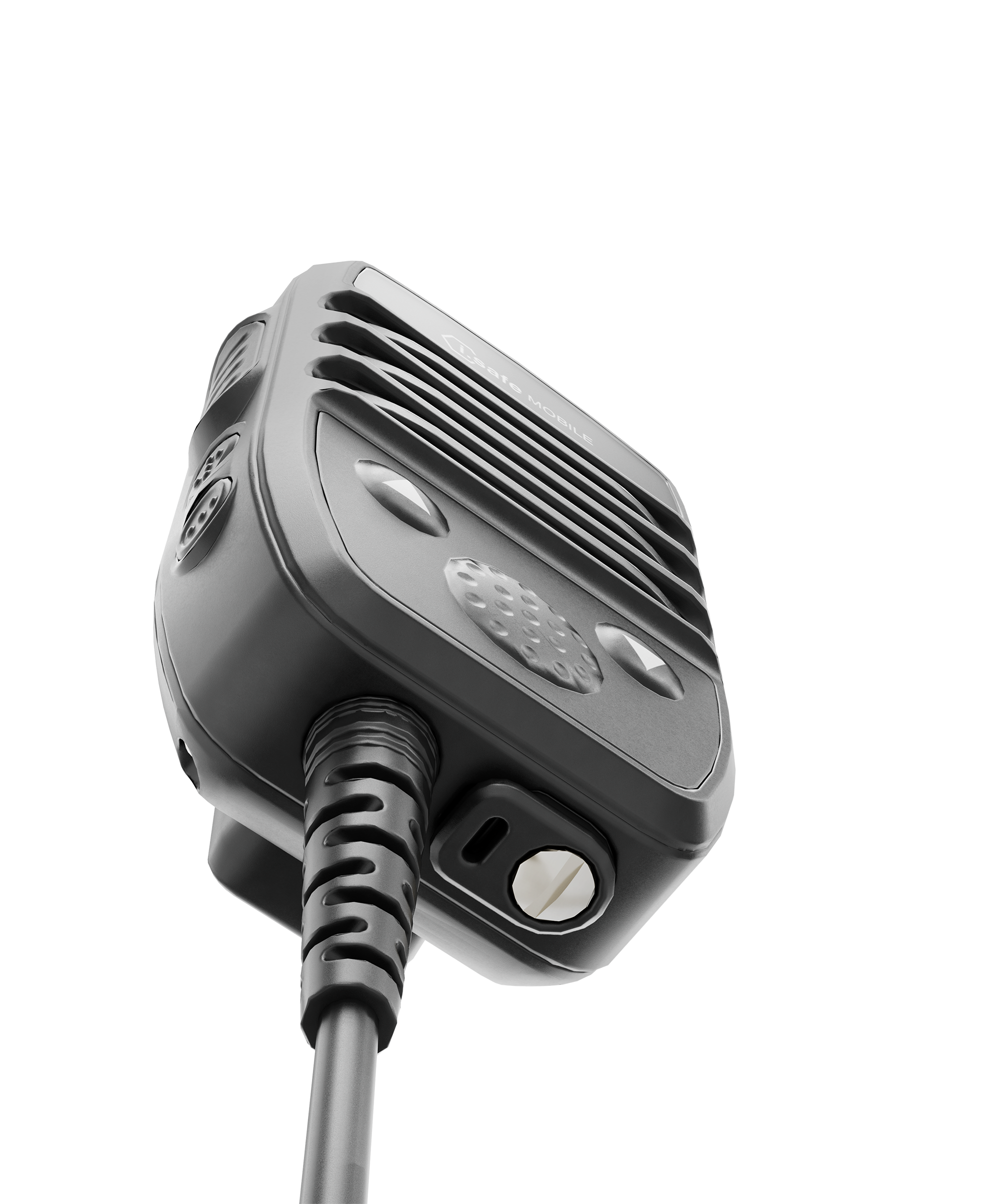 Close-up of the i.safe MOBILE IS-RSM3A.1 Intrinsically Safe (C1/D1) Wired Remote Speaker Microphone with coiled cable, push-to-talk button, and intelligent noise cancellation, shown against a white background.