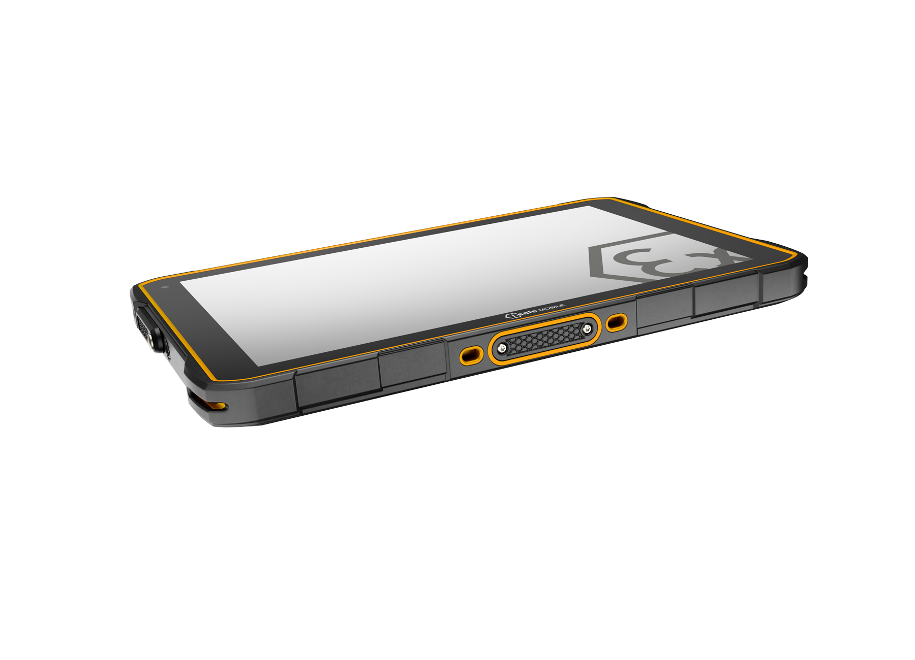 The i.safe MOBILE IS945.2 Intrinsically Safe Zone 2/22 Windows Tablet features a rugged black and orange design, large screen, side buttons, durable connector port, and is powered by the Qualcomm QCM6490, shown on a white background.