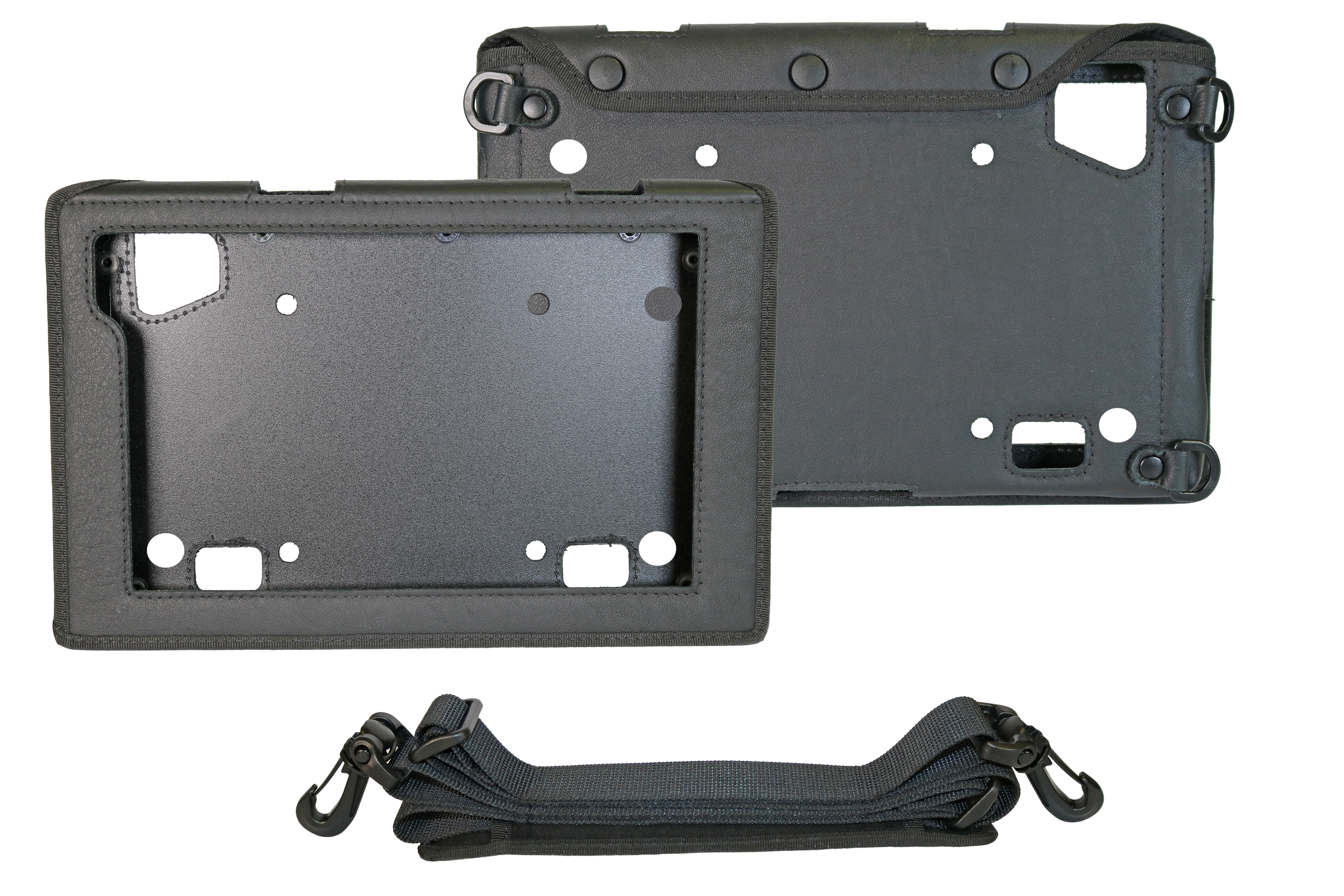 Two i.safe MOBILE black leather cases for IS940.X and IS945.X tablets, with a detachable strap and clips, displayed on a white background.