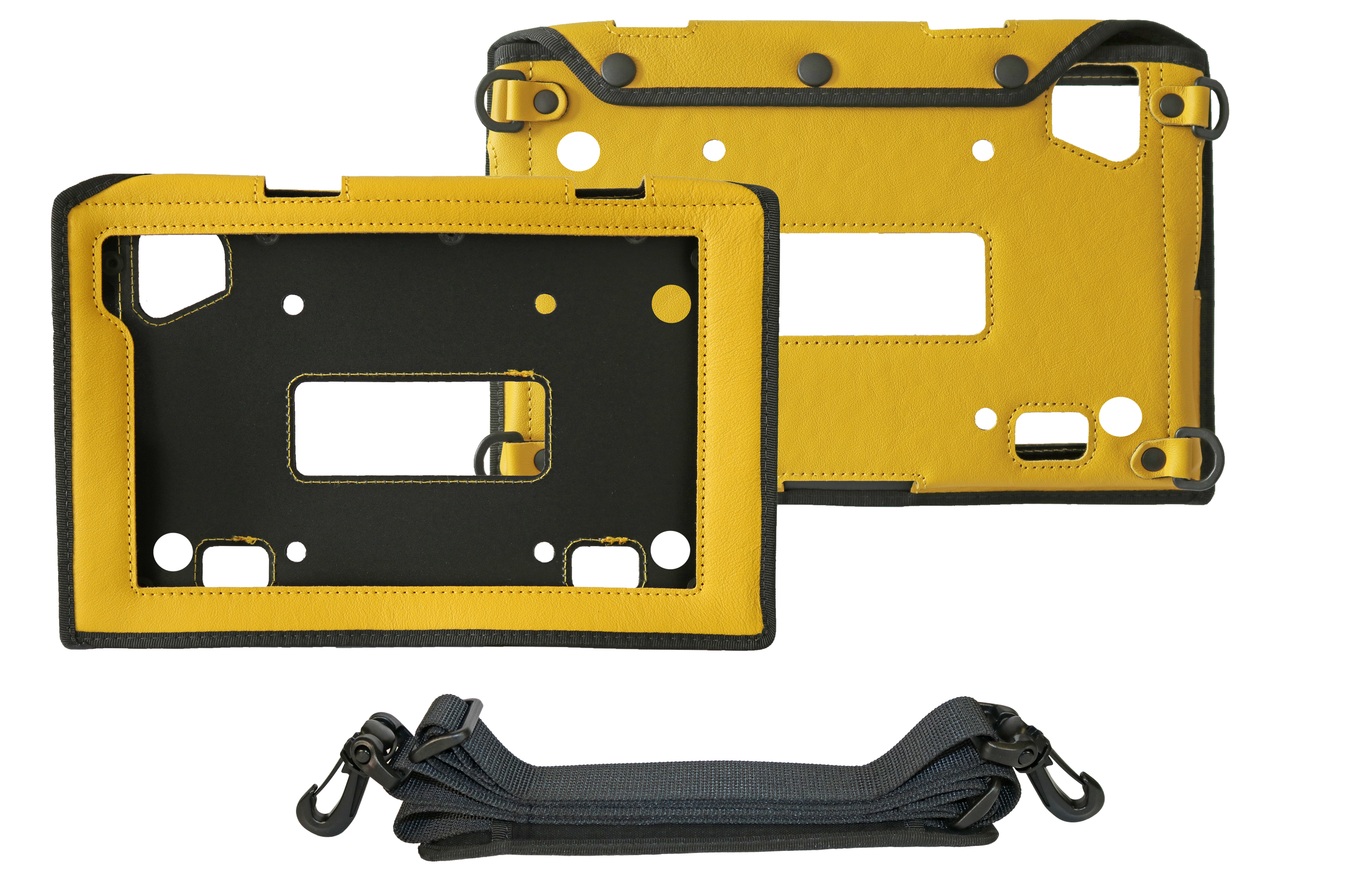 Two i.safe MOBILE Yellow Leather Cases for IS940.X and IS945.X tablets are shown, each with multiple cutouts, plus a detachable black shoulder strap with clips.