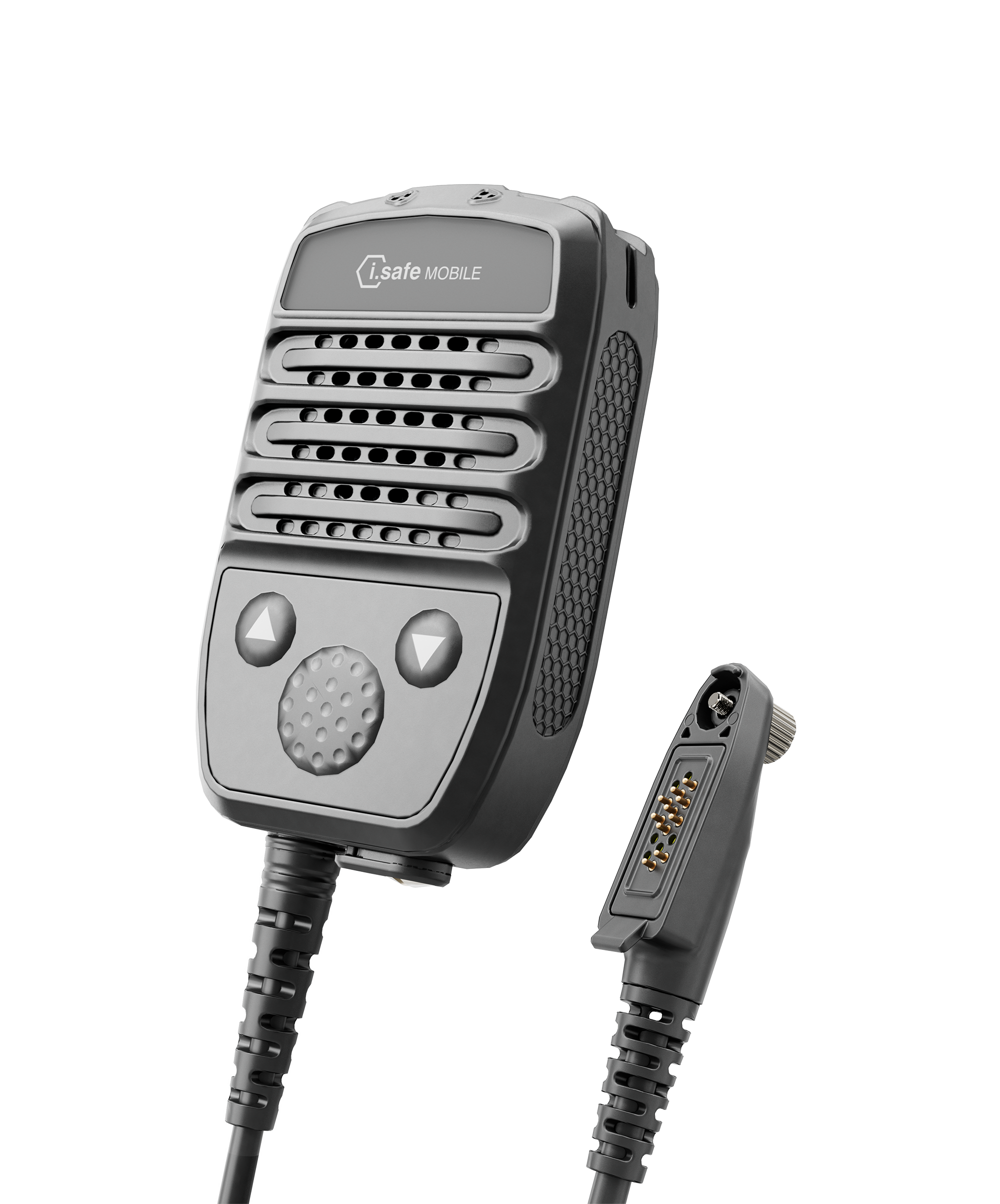Close-up of the i.safe MOBILE IS-RSM3A.1 Intrinsically Safe (C1/D1) Wired Remote Speaker Microphone featuring a dynamic speaker, coiled cord, connector plug, buttons, and a speaker grill.