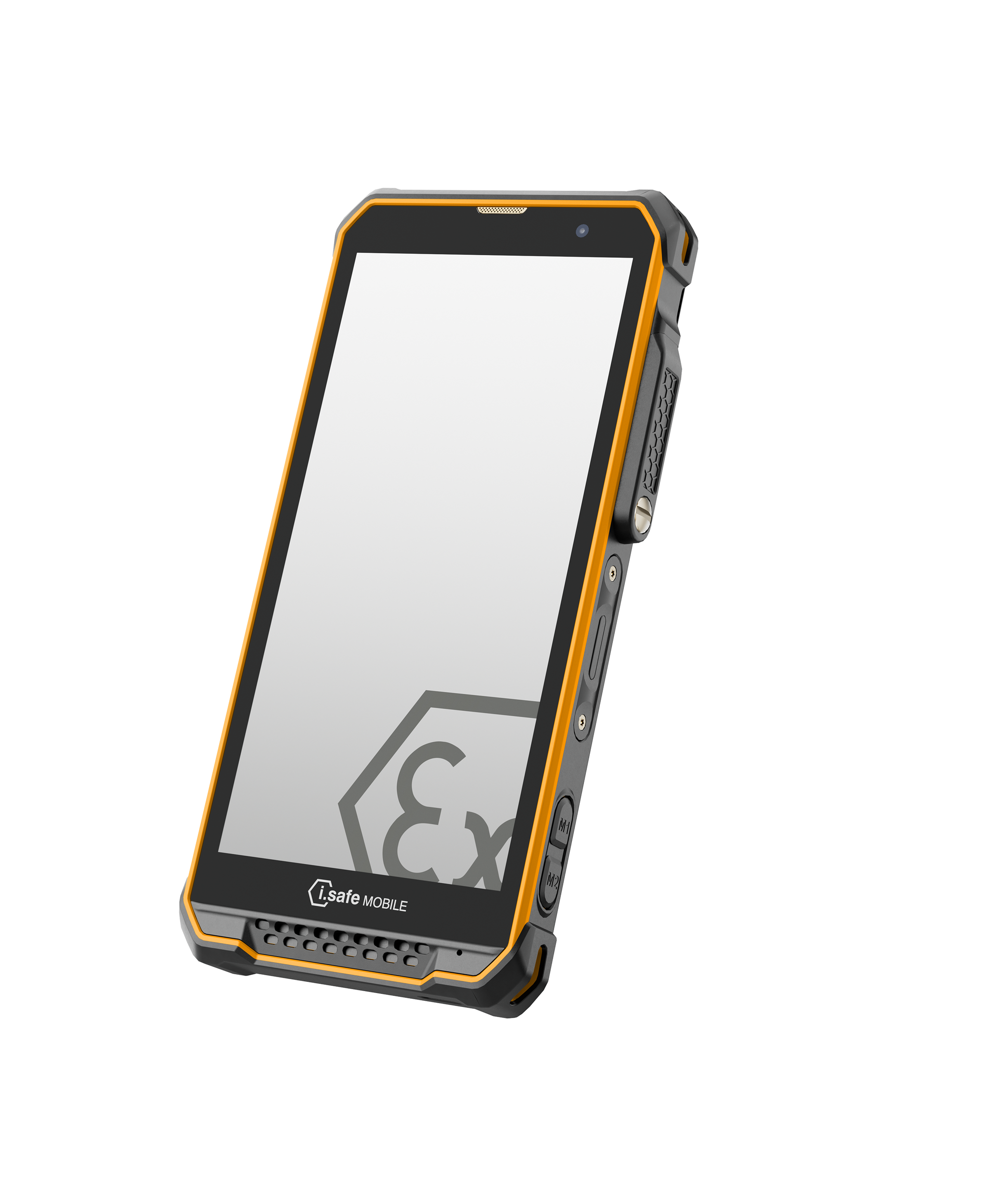 The i.safe MOBILE IS880.2 Lightweight 4G LTE Smartphone, shown at an angle with a black and yellow rugged casing, displays a large "Ex" symbol on its screen, emphasizing its suitability for hazardous work areas with a loud amplified speaker.