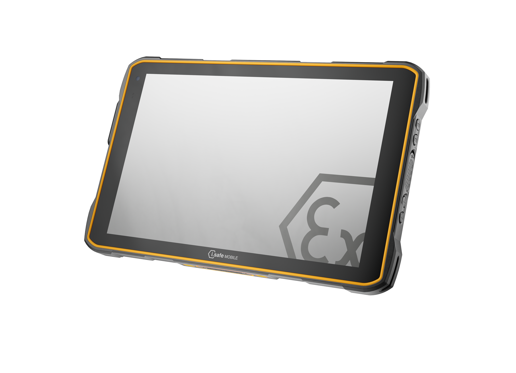 The i.safe MOBILE IS945.2 Intrinsically Safe Zone 2/22 Windows Tablet has a yellow and black frame, displays the Ex certification mark, is angled on a white background, and is powered by the Qualcomm QCM6490.