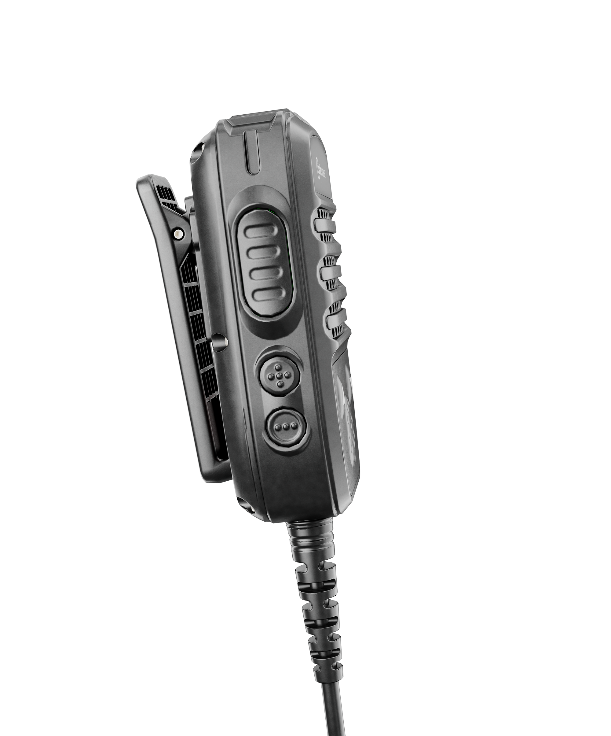 Close-up of the i.safe MOBILE IS-RSM3A.1 Intrinsically Safe (C1/D1) Wired Remote Speaker Microphone, featuring a black design with dynamic loudspeaker, buttons, side clip, and coiled cord against a plain white background.