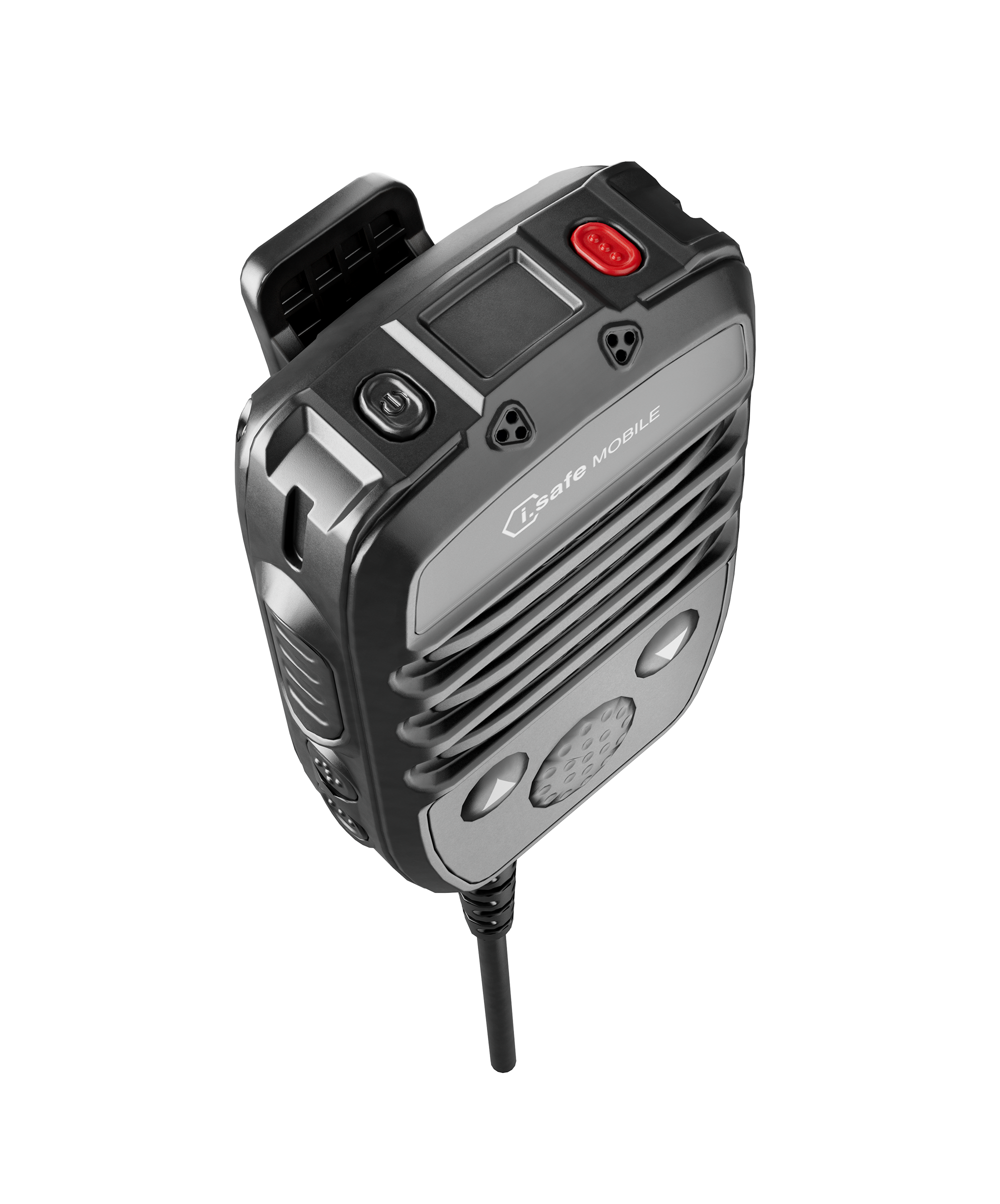 The i.safe MOBILE IS-RSM3A.1 is a black and gray intrinsically safe (C1/D1) wired remote speaker microphone with buttons, a screen, intelligent noise cancellation, and a coiled cable attached at the bottom.