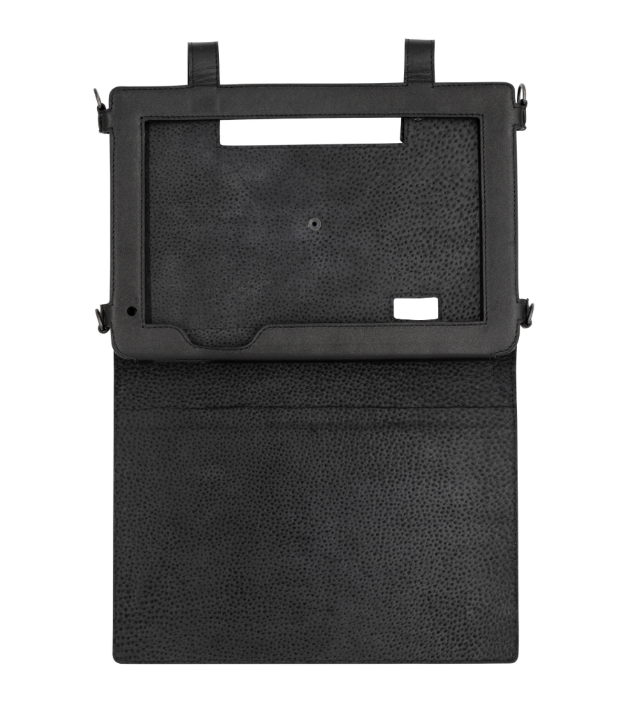 The aegex100M™ Intrinsically Safe Tablet Leather Carry Case with Protective Cover opens flat to reveal an empty frame with multiple cutouts and attachment straps—a rugged cover perfect for Zone 1 environments.