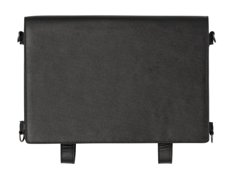 Rectangular black leather case with smooth finish, closed flap, and two bottom strap loops—perfect as a protective cover for the aegex100M™ Intrinsically Safe Tablet Leather Carry Case.