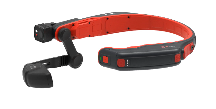 The RealWear Navigator Z1 with Thermal Camera is a hands-free wearable headset with a red and black adjustable band, featuring a small screen, camera, and thermal imaging on an adjustable arm for advanced technology in a compact design.