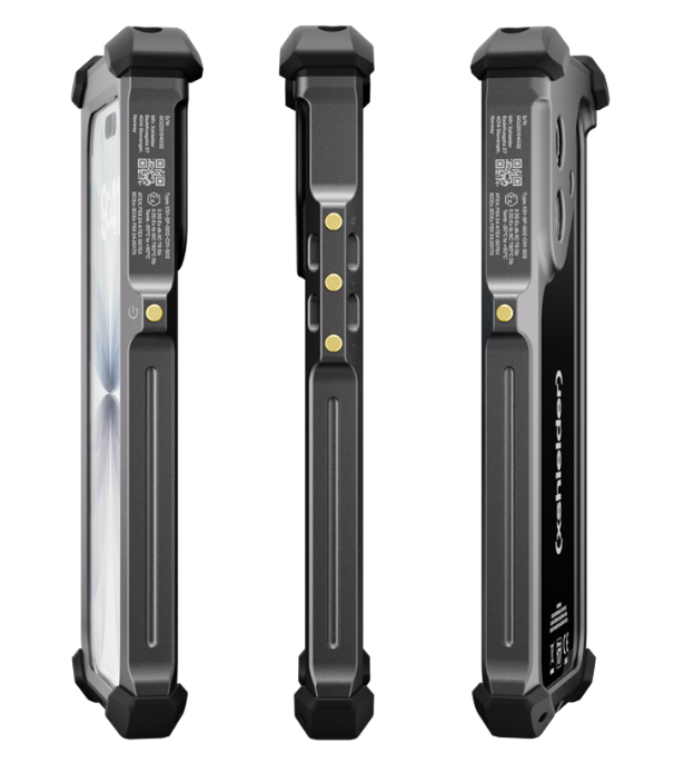Three views of the Xshielder ATEX & IECEx Zone 1/21 Cover for iPhone 17 (phone included), a rugged black case with reinforced corners, metallic accents, textured grips, and button covers, shown from front, back, and side angles.