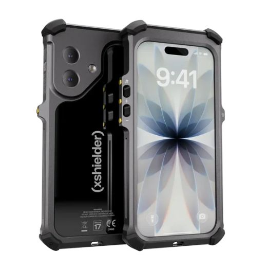 The Xshielder ATEX & IECEx Zone 1/21 Cover for iPhone 17 (phone included) is shown in black with reinforced corners, metallic accents, and a transparent back. The phone display features a minimalist flower design and shows the time 9:41.