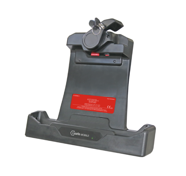 Black industrial mobile operator panel with a locking mechanism at the top, specifically designed for use with the i.safe MOBILE IS-MOP1A.1 Mobile Operator Panel and IS940.1 intrinsically safe (C1/D1) Android tablet. It features a red label with product information in the center and a small LED indicator on the front, making it ideal for explosive atmospheres and compatible with Ex-rated peripherals.