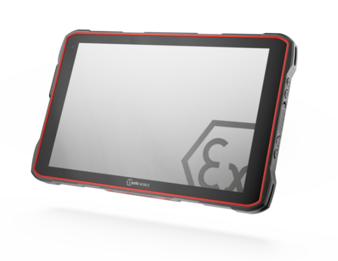 A rugged i.safe MOBILE IS-MOP1A.1 Mobile Operator Panel featuring the IS940.1 Intrinsically Safe (C1/D1) Android Tablet in a black and red protective case, with a large display showing an industrial “Ex” safety symbol in the corner—signifying its approval for use in explosive atmospheres. Several buttons are positioned along the tablet’s right side, demonstrating compatibility with Ex-rated peripherals to offer enhanced safety and functionality.