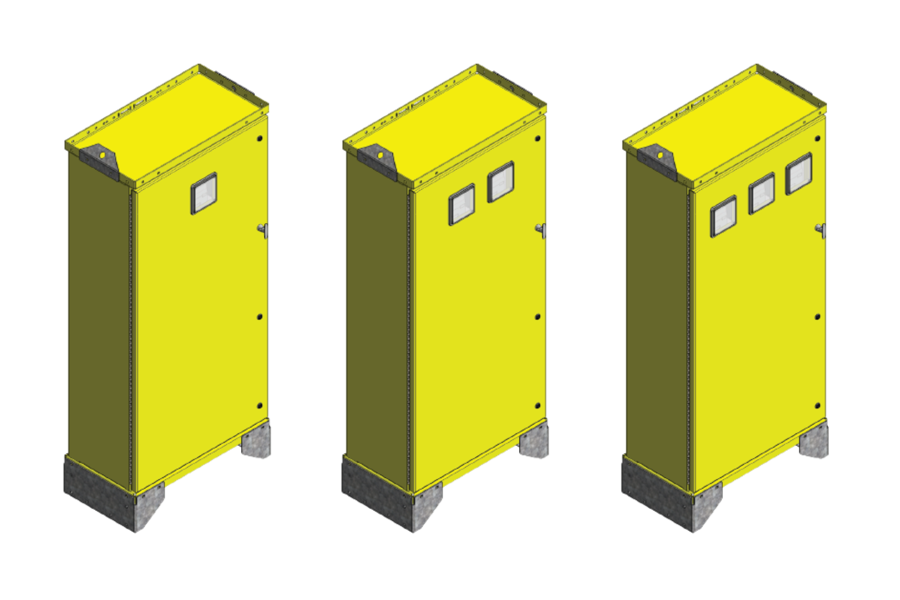Three Solarcraft CID2 AC-UPS Systems are shown side by side, each with more front rectangular panels, emphasizing their robust design and industrial reliability for critical operations.