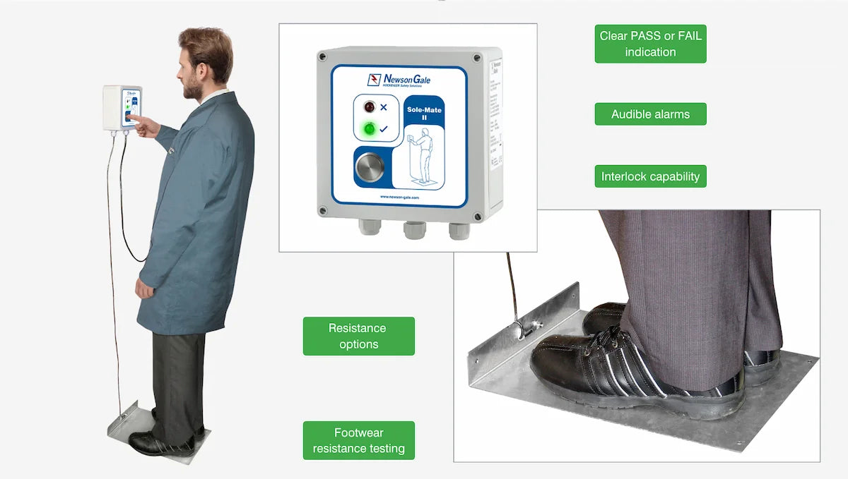 A man stands on a metal plate using the Newson Gale Sole-Mate™ static dissipative footwear tester, which features a control panel and visible indicators to ensure compliance with safety standards.