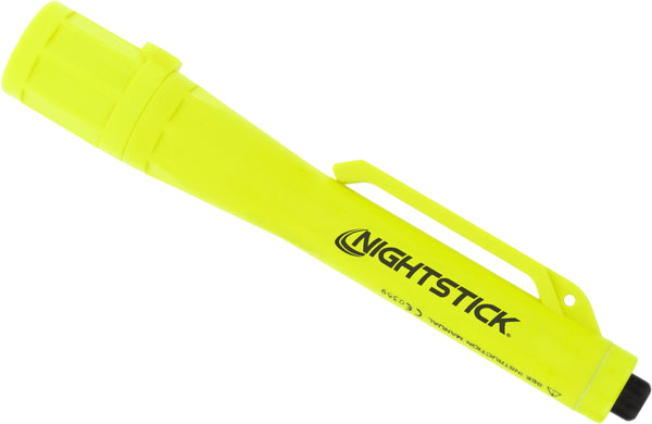 A yellow Nightstick XPP-5410G [Zone 0] IS Permissible Penlight with a clip and advanced LED technology, shown against a white background.
