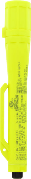 The Nightstick XPP-5410G [Zone 0] IS Permissible Penlight is a yellow, intrinsically safe plastic flashlight with a side clip, LED illumination, and printed safety info for enhanced visibility.