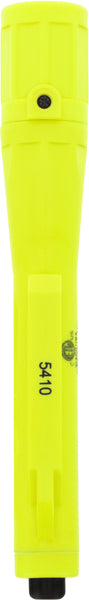 A Nightstick XPP-5410G [Zone 0] IS Permissible Penlight, yellow in color, stands upright on a white background with a black on/off button near the top and "5410" printed on the side.