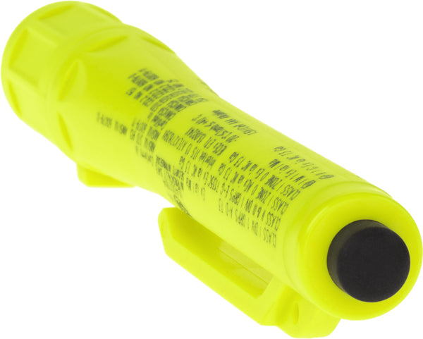A yellow, cylindrical Nightstick XPP-5410G [Zone 0] IS Permissible Penlight with black text and mouthpiece is shown at an angle on a white background, paired with an ATEX flashlight for added safety in hazardous environments.