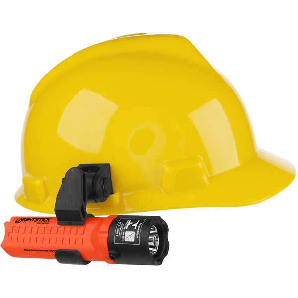 A yellow hard hat with a front-mounted Nightstick XPP-5418RX-K01 [Zone 0] IS LED flashlight kit, offering intrinsically safe illumination for added safety.