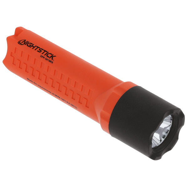 The Nightstick XPP-5418RX [Zone 0] IS Flashlight is an orange and black ATEX certified handheld light with a textured grip, clear lens, and operates on 3 AA batteries for safety and reliability.