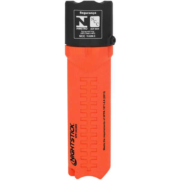 The Nightstick XPP-5418RX [Zone 0] IS Flashlight is a bright orange, intrinsically safe LED handheld with black top, safety markings, textured grip, and waterproof design for secure handling in any environment. Uses 3 AA batteries.