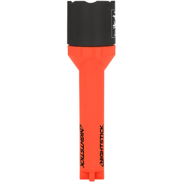 The Nightstick XPP-5418RX [Zone 0] IS Flashlight, a bright orange LED flashlight with a black top, stands vertically on a white background. "NIGHTSTICK" is printed in black along its orange handle. Operates on 3 AA batteries.