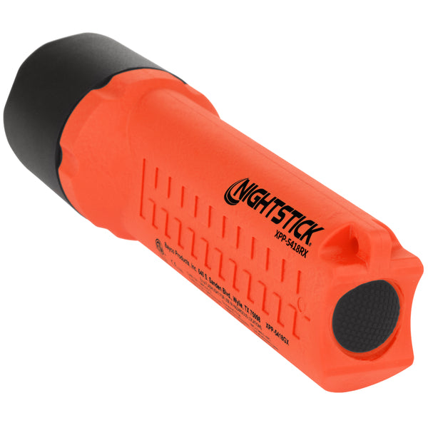 The Nightstick XPP-5418RX [Zone 0] IS Flashlight is a bright orange, intrinsically safe LED flashlight with a black lens and textured grip, shown on its side with the product name and model number visible on the handle.