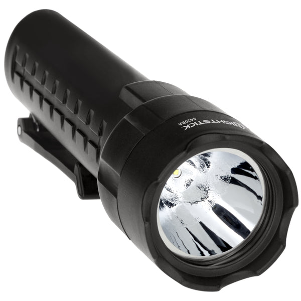 The Nightstick XPP-5420BA [Zone 0] IS Torch is a black ATEX flashlight with a textured grip and clear, reflective lens. IP-67 waterproof, it's ideal for tough environments. Displayed at an angle on a white background.