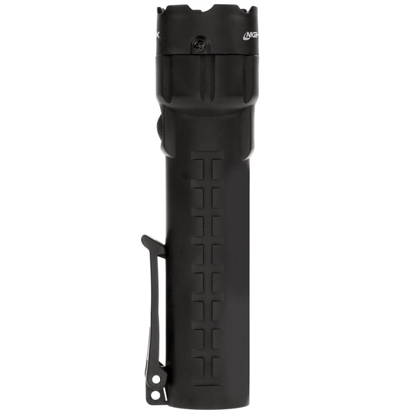 The Nightstick XPP-5420BA [Zone 0] IS Torch is a black tactical flashlight with a clip, designed for reliable use in harsh conditions and rated IP-67 waterproof.