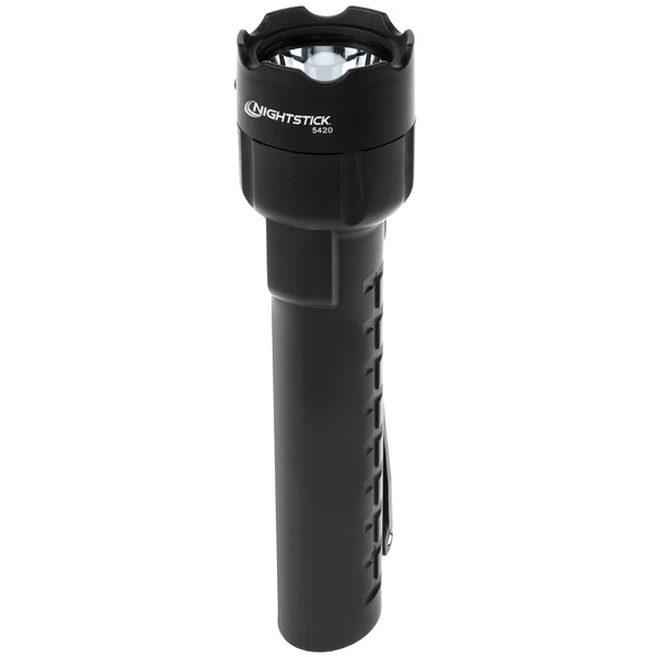 A black handheld LED flashlight with a textured grip and wide, round head. The Nightstick XPP-5420B [UL-913] IS Permissible Flashlight is IP-67 waterproof for reliable use in tough conditions.