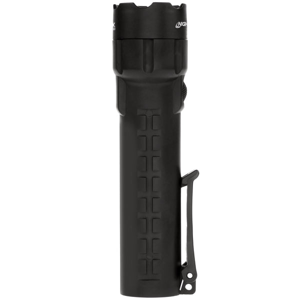 The Nightstick XPP-5420B [UL-913] IS Permissible Flashlight is a black, cylindrical LED light with a grid-patterned handle and metal pocket clip, shown upright on a white background. This IP-67 waterproof model offers durability in tough conditions.