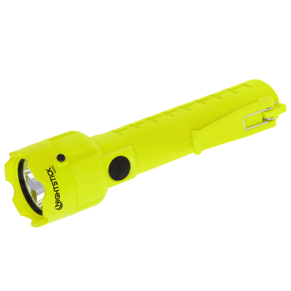 The Nightstick XPP-5420G [UL-913] IS Permissible Flashlight, a yellow handheld LED device with a black button and metal clip, is shown on a white background.